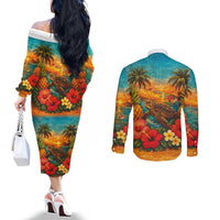 Hawaiian Turtles on Beach Couples Matching Off The Shoulder Long Sleeve Dress and Long Sleeve Button Shirt with Pineapple Tropical Plant and Lei