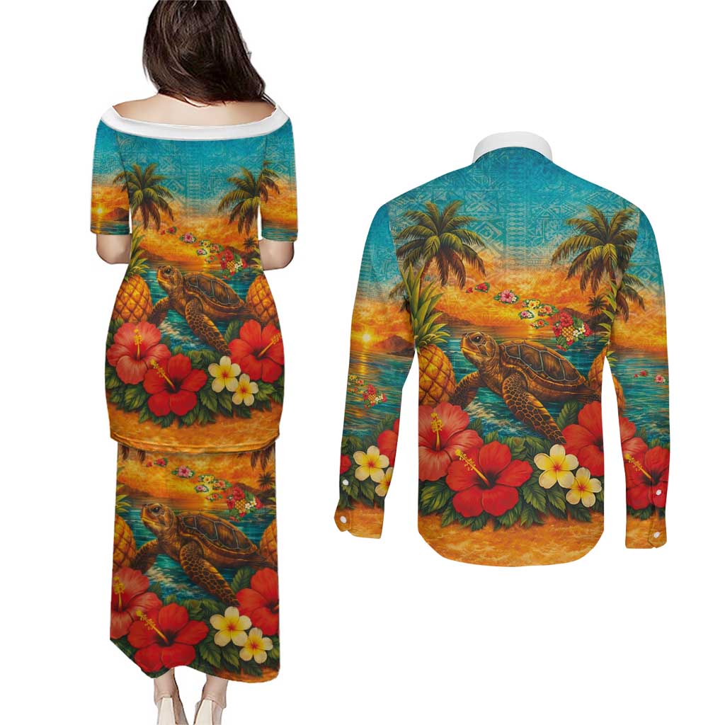 Hawaiian Turtles on Beach Couples Matching Puletasi and Long Sleeve Button Shirt with Pineapple Tropical Plant and Lei