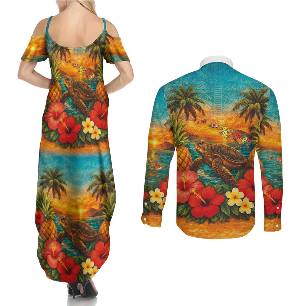 Hawaiian Turtles on Beach Couples Matching Summer Maxi Dress and Long Sleeve Button Shirt with Pineapple Tropical Plant and Lei