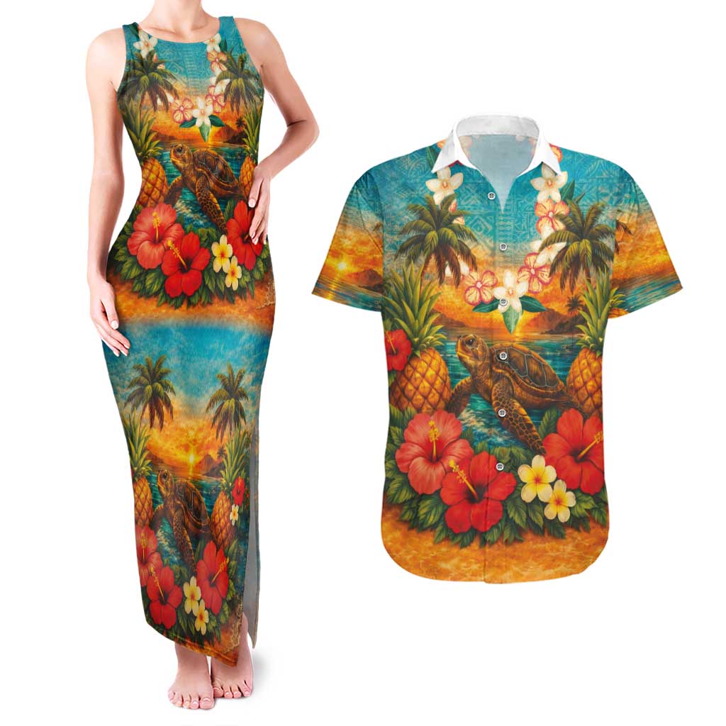 Hawaiian Turtles on Beach Couples Matching Tank Maxi Dress and Hawaiian Shirt with Pineapple Tropical Plant and Lei