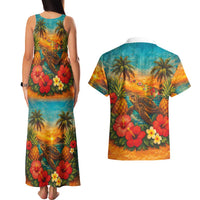 Hawaiian Turtles on Beach Couples Matching Tank Maxi Dress and Hawaiian Shirt with Pineapple Tropical Plant and Lei