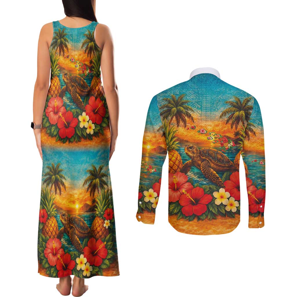 Hawaiian Turtles on Beach Couples Matching Tank Maxi Dress and Long Sleeve Button Shirt with Pineapple Tropical Plant and Lei