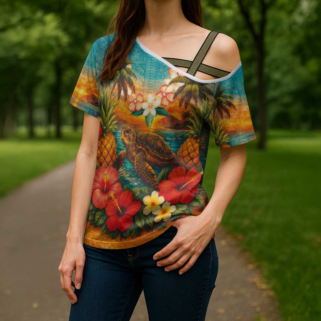 Hawaiian Turtles on Beach Cross Shoulder Shirt with Pineapple Tropical Plant and Lei