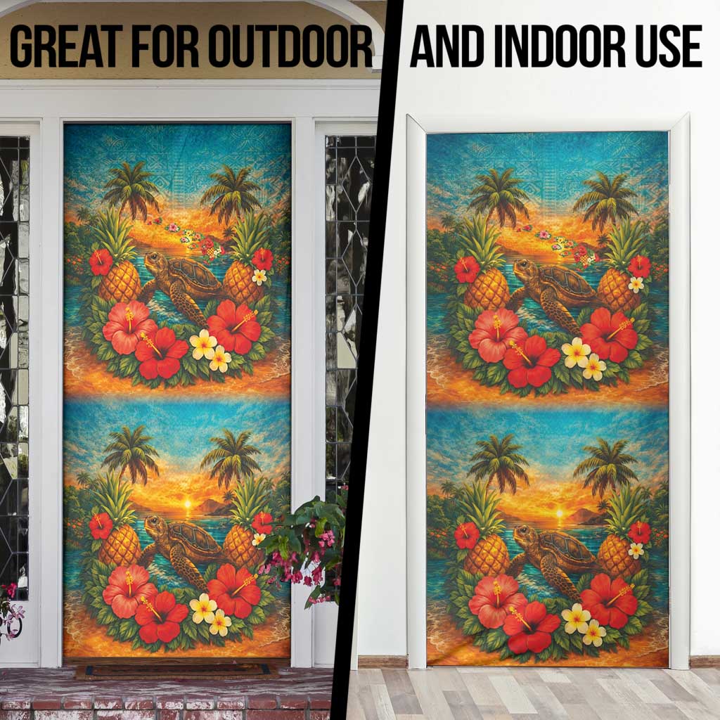 Hawaiian Turtles on Beach Door Cover with Pineapple Tropical Plant and Lei
