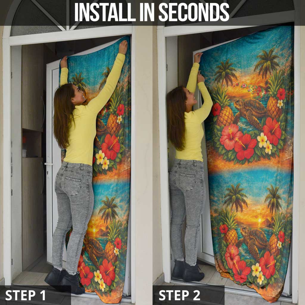 Hawaiian Turtles on Beach Door Cover with Pineapple Tropical Plant and Lei