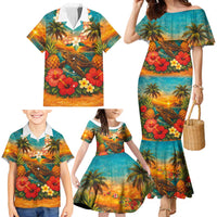 Hawaiian Turtles on Beach Family Matching Mermaid Dress and Hawaiian Shirt with Pineapple Tropical Plant and Lei