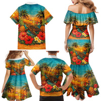Hawaiian Turtles on Beach Family Matching Mermaid Dress and Hawaiian Shirt with Pineapple Tropical Plant and Lei