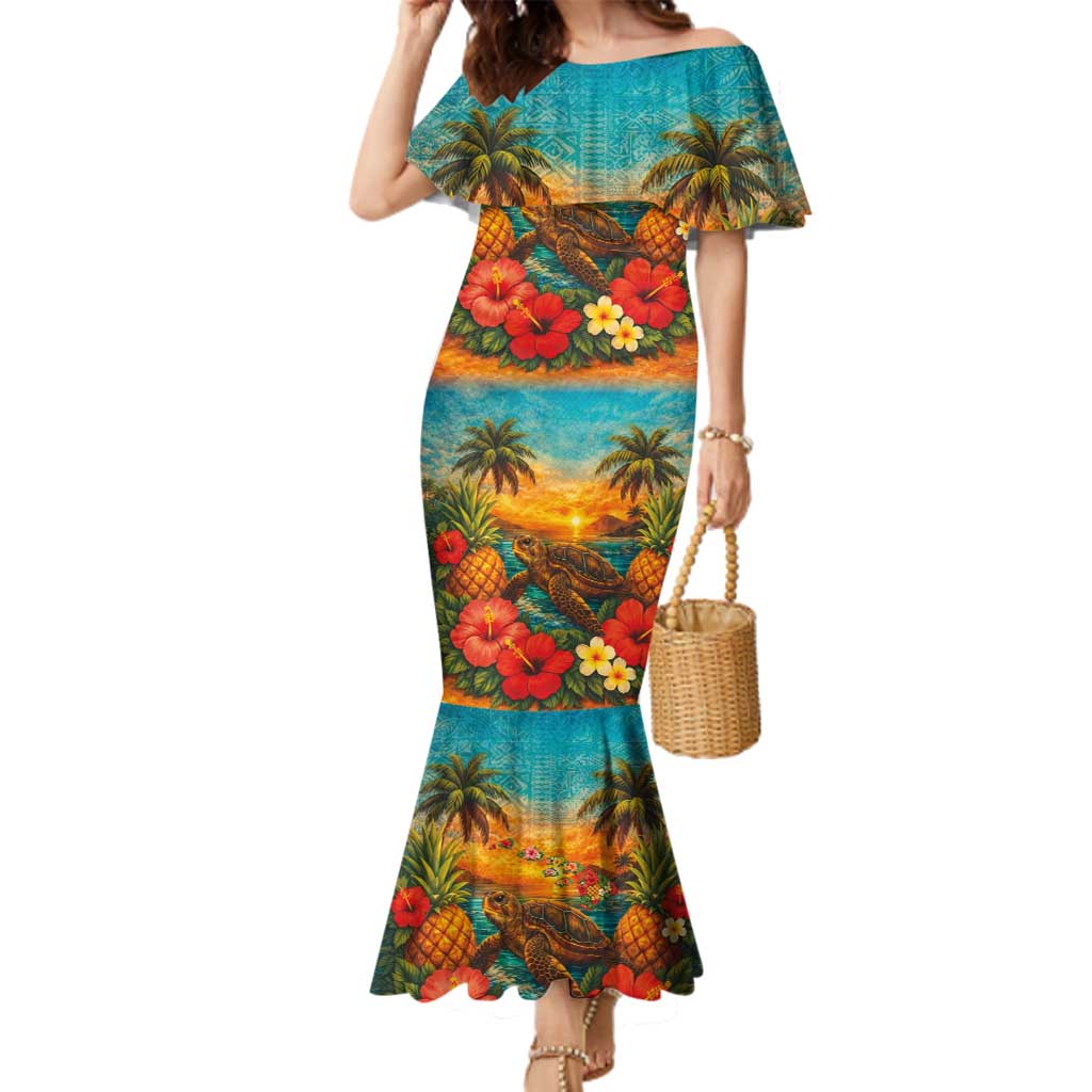 Hawaiian Turtles on Beach Family Matching Mermaid Dress and Hawaiian Shirt with Pineapple Tropical Plant and Lei