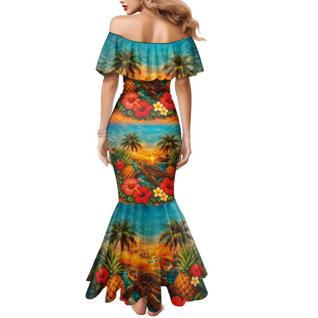 Hawaiian Turtles on Beach Family Matching Mermaid Dress and Hawaiian Shirt with Pineapple Tropical Plant and Lei