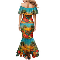 Hawaiian Turtles on Beach Family Matching Mermaid Dress and Hawaiian Shirt with Pineapple Tropical Plant and Lei