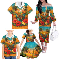 Hawaiian Turtles on Beach Family Matching Off The Shoulder Long Sleeve Dress and Hawaiian Shirt with Pineapple Tropical Plant and Lei