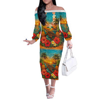 Hawaiian Turtles on Beach Family Matching Off The Shoulder Long Sleeve Dress and Hawaiian Shirt with Pineapple Tropical Plant and Lei