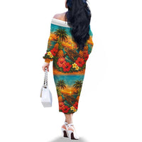 Hawaiian Turtles on Beach Family Matching Off The Shoulder Long Sleeve Dress and Hawaiian Shirt with Pineapple Tropical Plant and Lei