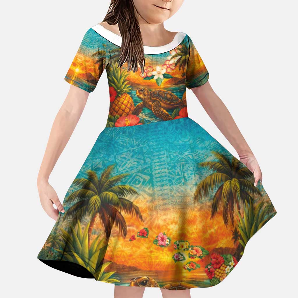Hawaiian Turtles on Beach Family Matching Off Shoulder Maxi Dress and Hawaiian Shirt with Pineapple Tropical Plant and Lei