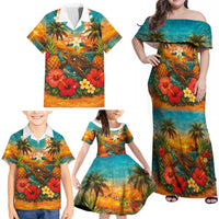 Hawaiian Turtles on Beach Family Matching Off Shoulder Maxi Dress and Hawaiian Shirt with Pineapple Tropical Plant and Lei