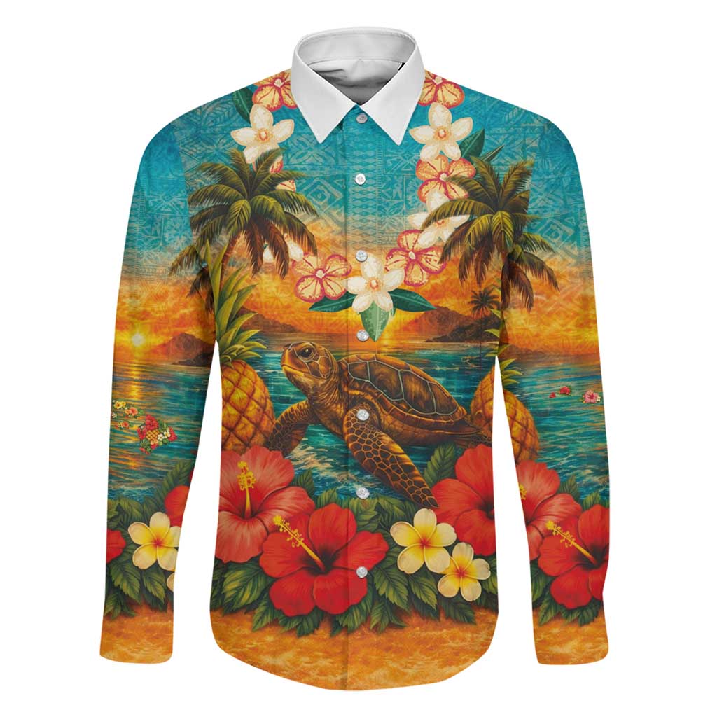 Hawaiian Turtles on Beach Family Matching Off Shoulder Maxi Dress and Hawaiian Shirt with Pineapple Tropical Plant and Lei