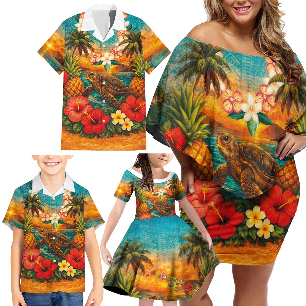 Hawaiian Turtles on Beach Family Matching Off Shoulder Short Dress and Hawaiian Shirt with Pineapple Tropical Plant and Lei