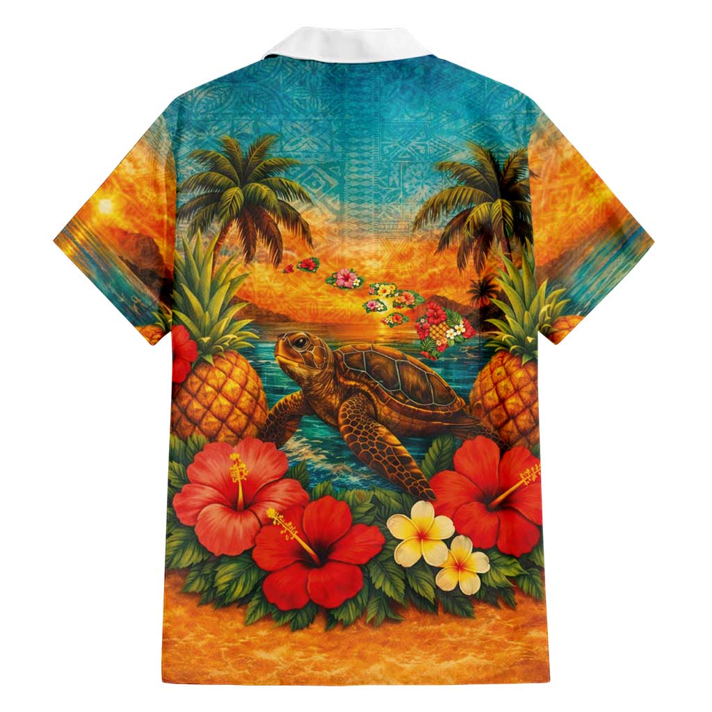 Hawaiian Turtles on Beach Family Matching Puletasi and Hawaiian Shirt with Pineapple Tropical Plant and Lei
