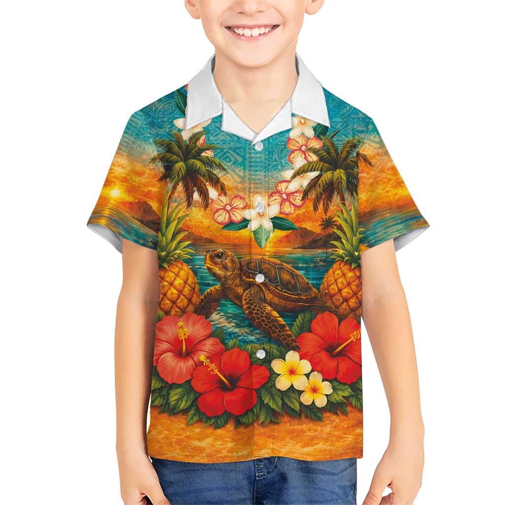 Hawaiian Turtles on Beach Family Matching Puletasi and Hawaiian Shirt with Pineapple Tropical Plant and Lei