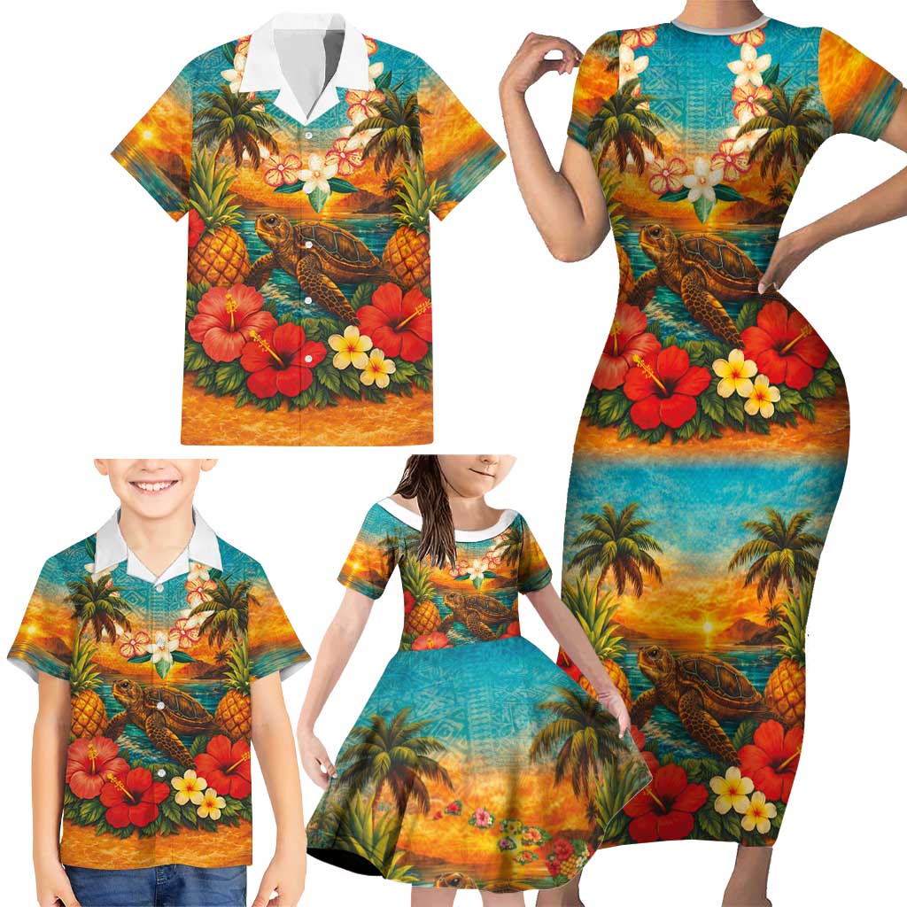 Hawaiian Turtles on Beach Family Matching Short Sleeve Bodycon Dress and Hawaiian Shirt with Pineapple Tropical Plant and Lei