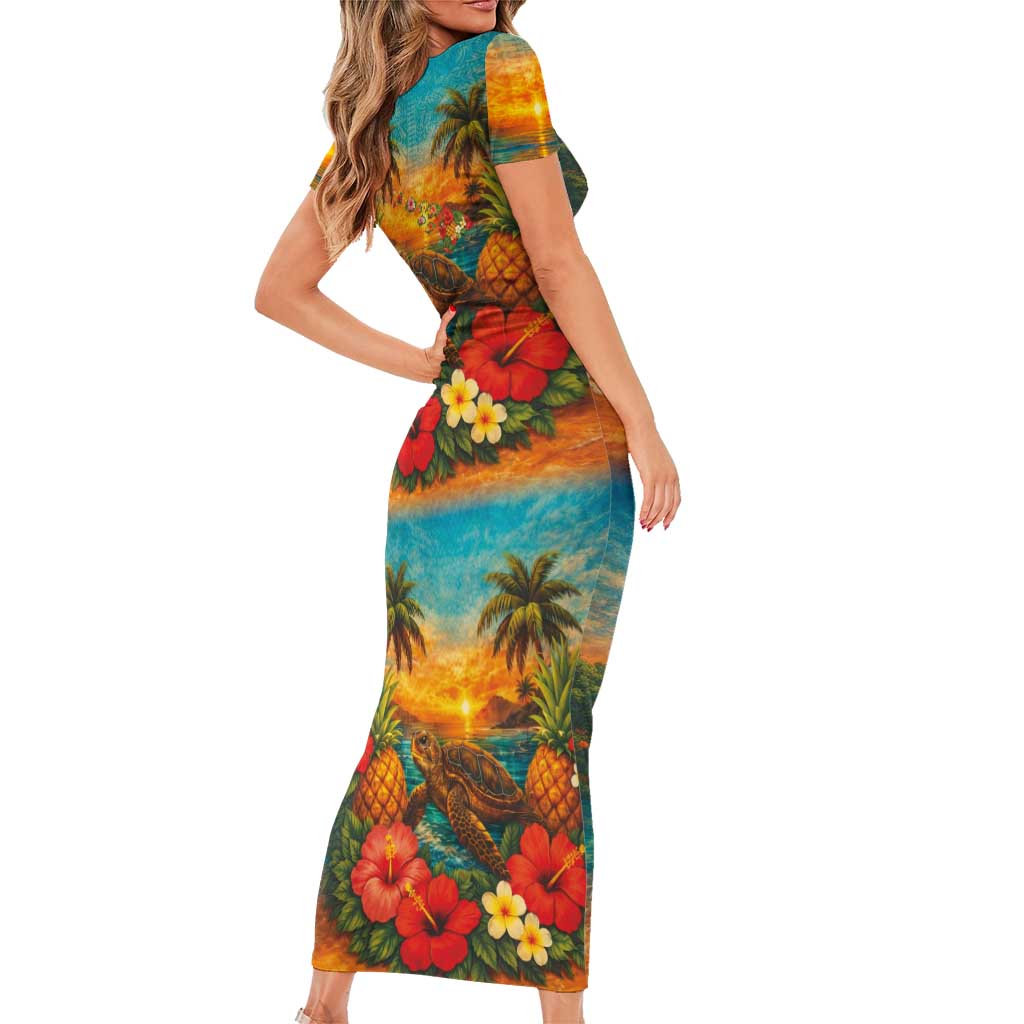 Hawaiian Turtles on Beach Family Matching Short Sleeve Bodycon Dress and Hawaiian Shirt with Pineapple Tropical Plant and Lei