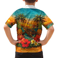 Hawaiian Turtles on Beach Family Matching Summer Maxi Dress and Hawaiian Shirt with Pineapple Tropical Plant and Lei