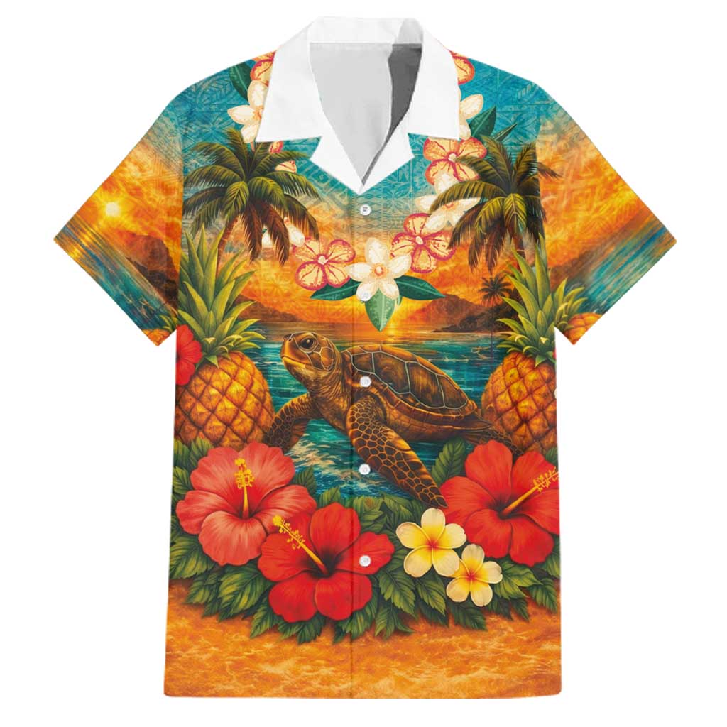Hawaiian Turtles on Beach Family Matching Summer Maxi Dress and Hawaiian Shirt with Pineapple Tropical Plant and Lei