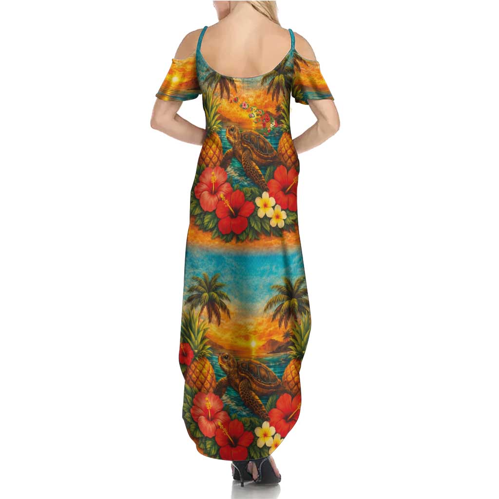Hawaiian Turtles on Beach Family Matching Summer Maxi Dress and Hawaiian Shirt with Pineapple Tropical Plant and Lei