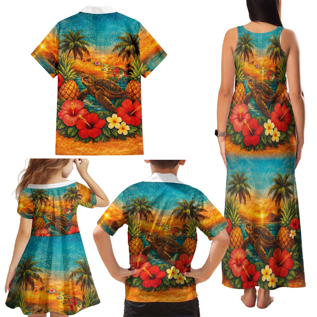 Hawaiian Turtles on Beach Family Matching Tank Maxi Dress and Hawaiian Shirt with Pineapple Tropical Plant and Lei