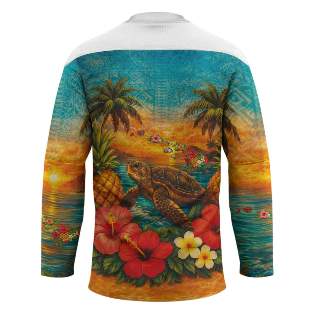 Hawaiian Turtles on Beach Hockey Jersey with Pineapple Tropical Plant and Lei