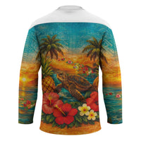 Hawaiian Turtles on Beach Hockey Jersey with Pineapple Tropical Plant and Lei