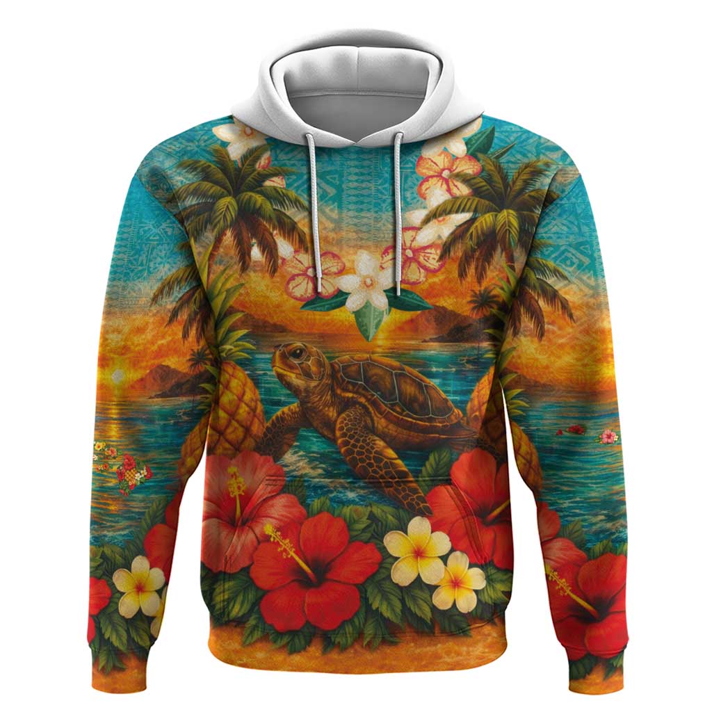 Hawaiian Turtles on Beach Hoodie with Pineapple Tropical Plant and Lei LT03 Pullover Hoodie Multicolor - Polynesian Pride