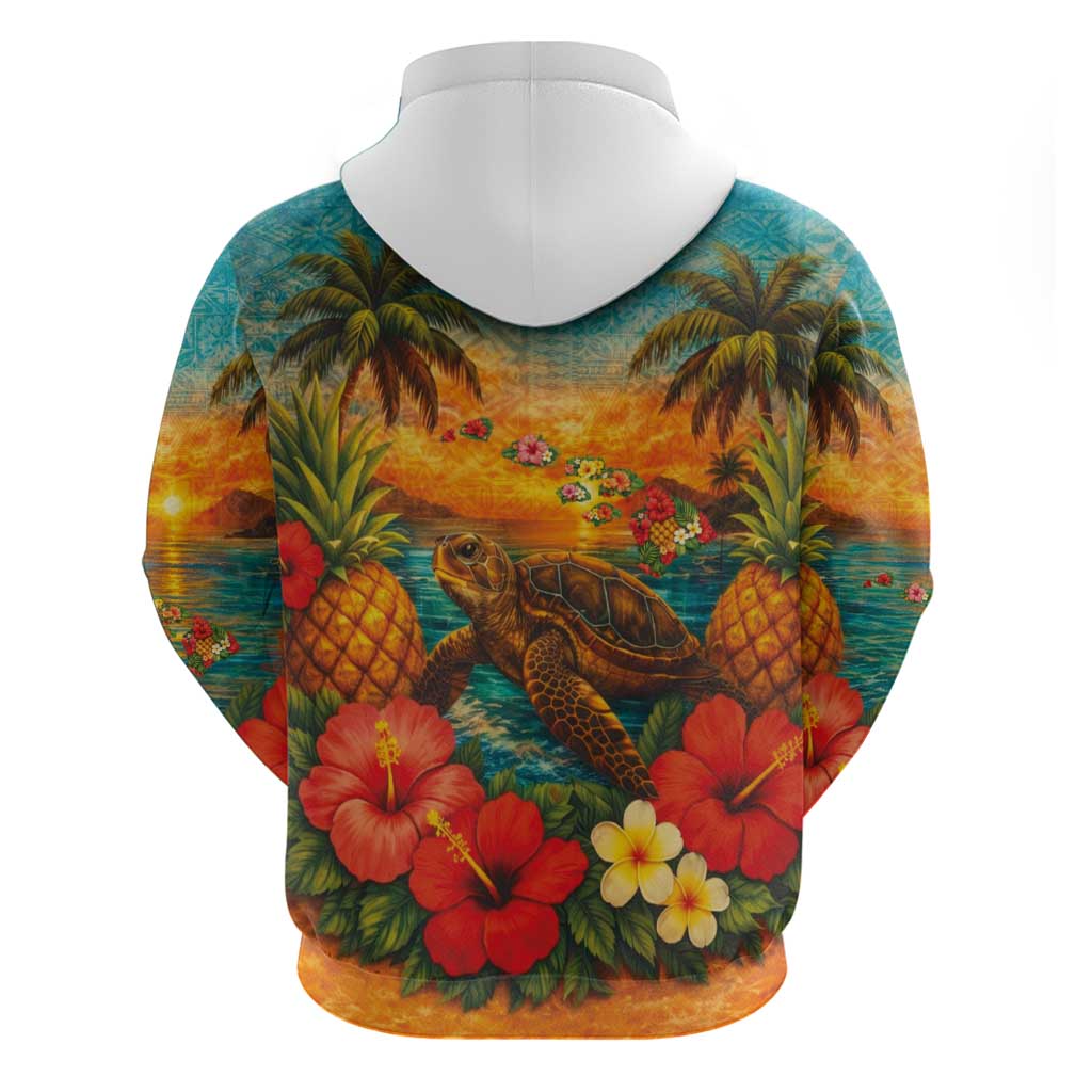 Hawaiian Turtles on Beach Hoodie with Pineapple Tropical Plant and Lei LT03 - Polynesian Pride