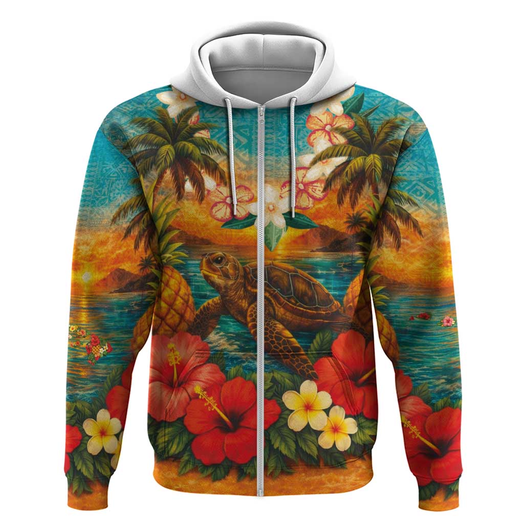 Hawaiian Turtles on Beach Hoodie with Pineapple Tropical Plant and Lei LT03 Zip Hoodie Multicolor - Polynesian Pride