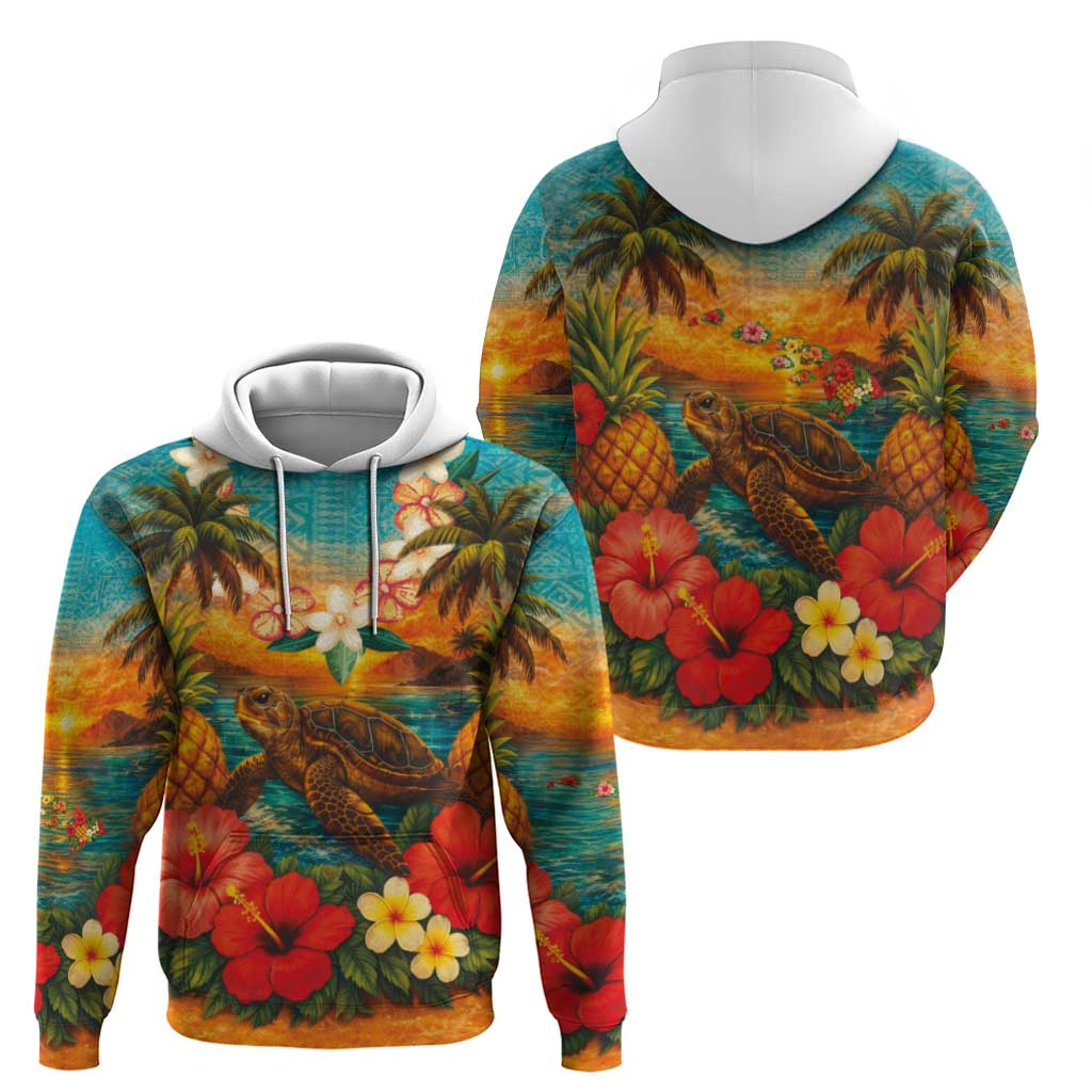 Hawaiian Turtles on Beach Hoodie with Pineapple Tropical Plant and Lei LT03 - Polynesian Pride