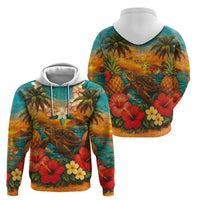 Hawaiian Turtles on Beach Hoodie with Pineapple Tropical Plant and Lei LT03 - Polynesian Pride