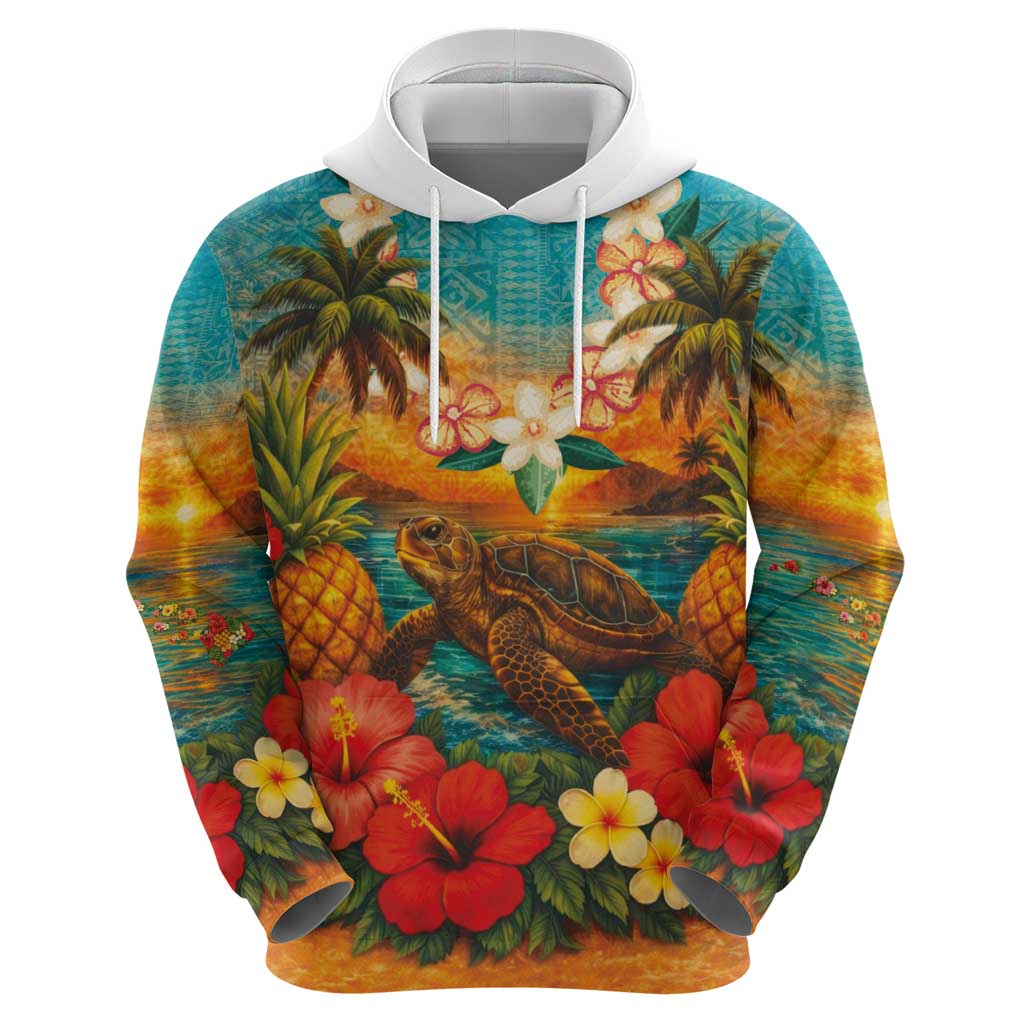 Hawaiian Turtles on Beach Hoodie with Pineapple Tropical Plant and Lei LT03 - Polynesian Pride