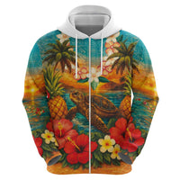 Hawaiian Turtles on Beach Hoodie with Pineapple Tropical Plant and Lei LT03 - Polynesian Pride