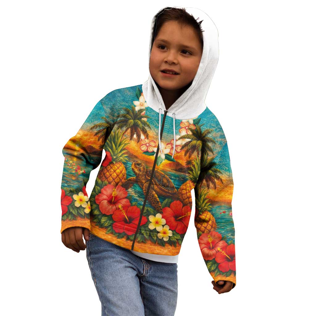Hawaiian Turtles on Beach Kid Hoodie with Pineapple Tropical Plant and Lei