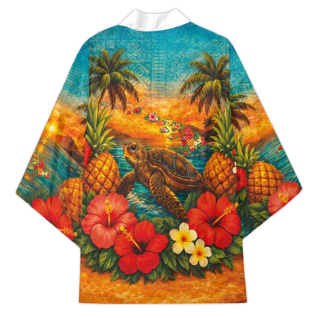 Hawaiian Turtles on Beach Kimono with Pineapple Tropical Plant and Lei