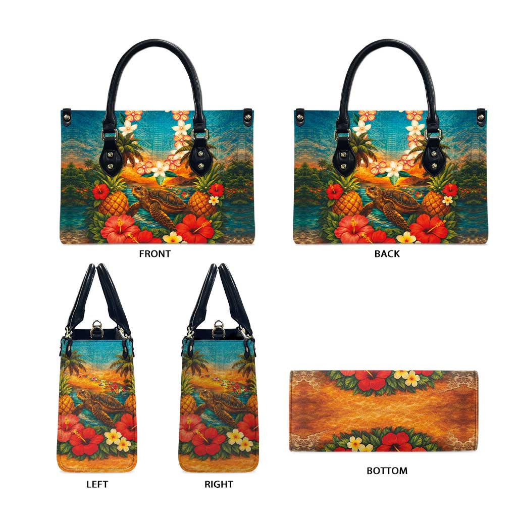 Hawaiian Turtles on Beach Leather Bag with Pineapple Tropical Plant and Lei