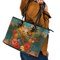 Hawaiian Turtles on Beach Leather Tote Bag with Pineapple Tropical Plant and Lei