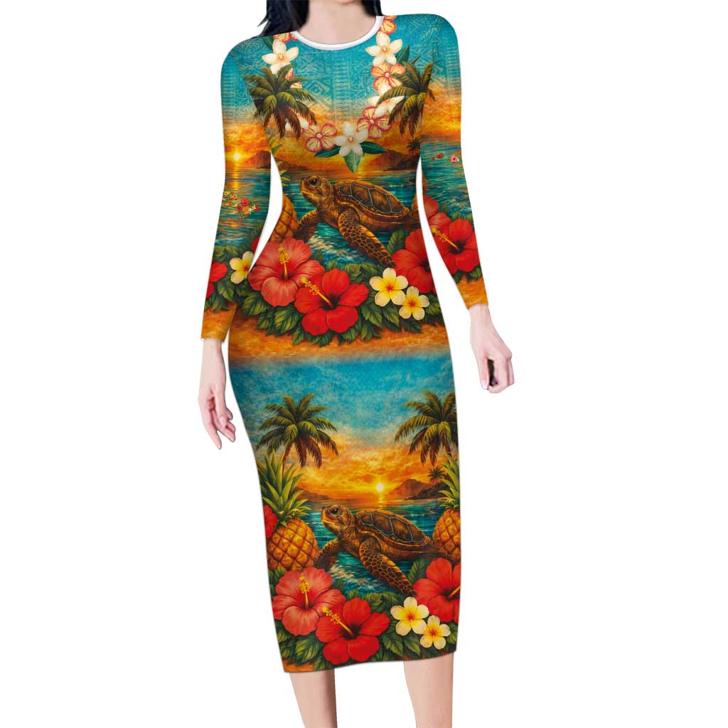 Hawaiian Turtles on Beach Long Sleeve Bodycon Dress with Pineapple Tropical Plant and Lei LT03 Long Dress Multicolor - Polynesian Pride