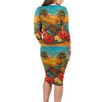 Hawaiian Turtles on Beach Long Sleeve Bodycon Dress with Pineapple Tropical Plant and Lei LT03 - Polynesian Pride
