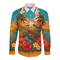 Hawaiian Turtles on Beach Long Sleeve Button Shirt with Pineapple Tropical Plant and Lei