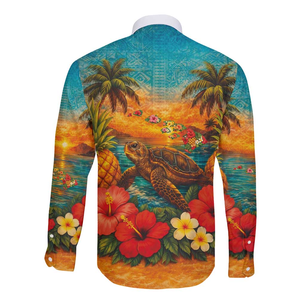 Hawaiian Turtles on Beach Long Sleeve Button Shirt with Pineapple Tropical Plant and Lei