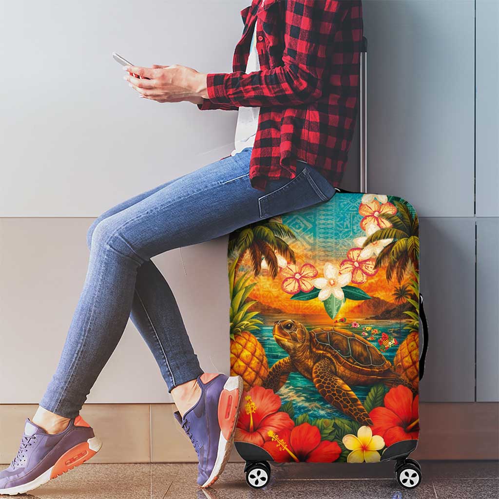 Hawaiian Turtles on Beach Luggage Cover with Pineapple Tropical Plant and Lei