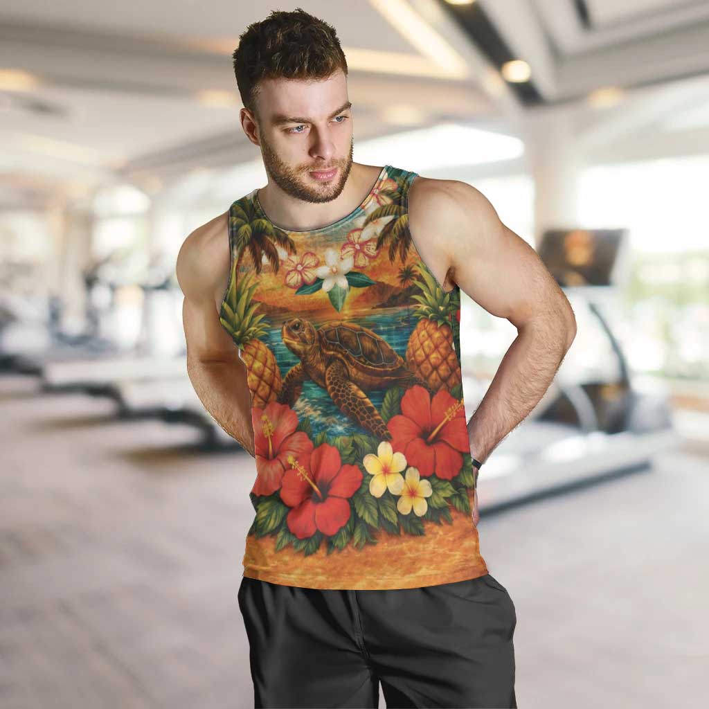 Hawaiian Turtles on Beach Men Tank Top with Pineapple Tropical Plant and Lei LT03 Multicolor - Polynesian Pride