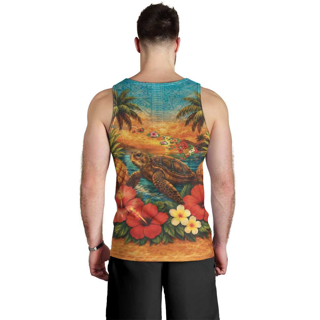 Hawaiian Turtles on Beach Men Tank Top with Pineapple Tropical Plant and Lei LT03 - Polynesian Pride
