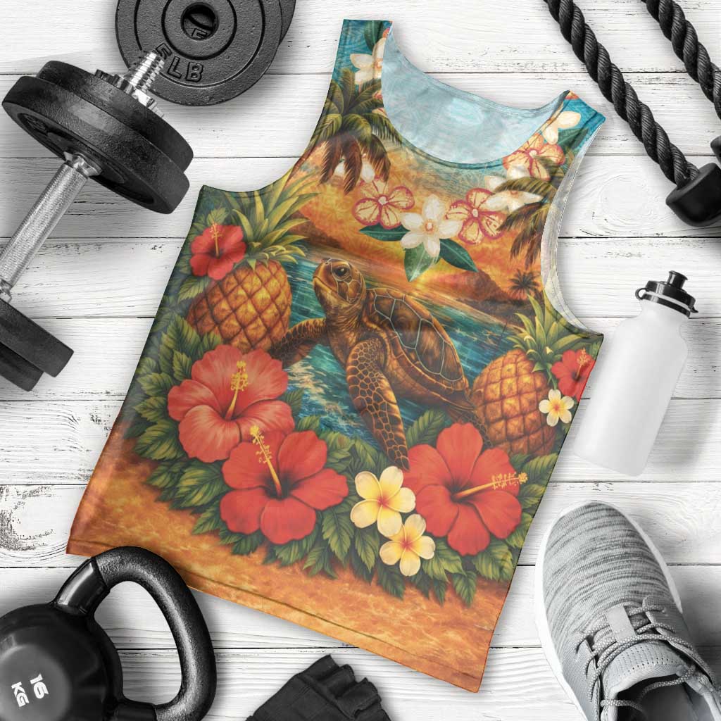 Hawaiian Turtles on Beach Men Tank Top with Pineapple Tropical Plant and Lei LT03 - Polynesian Pride